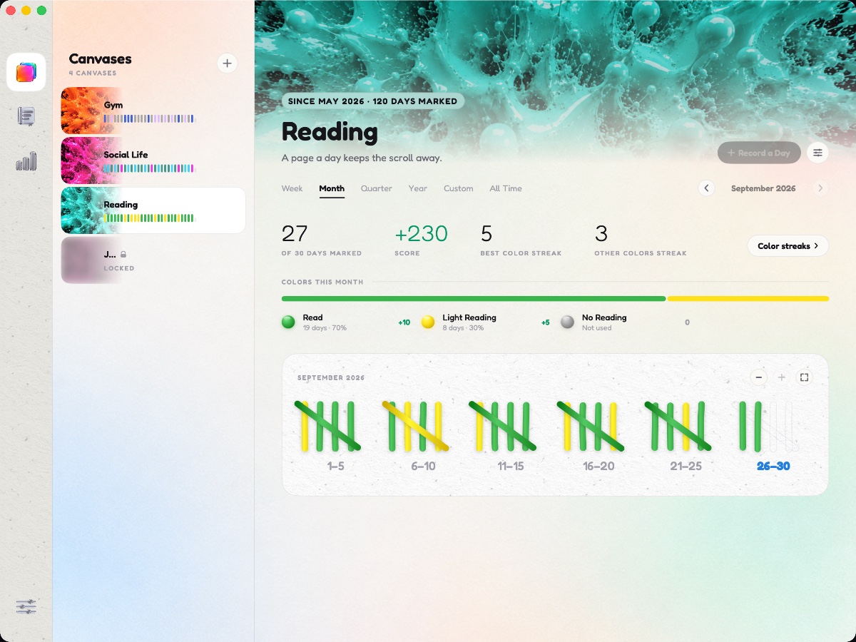 The Days In Color window on a Mac: the Reading canvas, with its month of colored tally marks, score and streaks