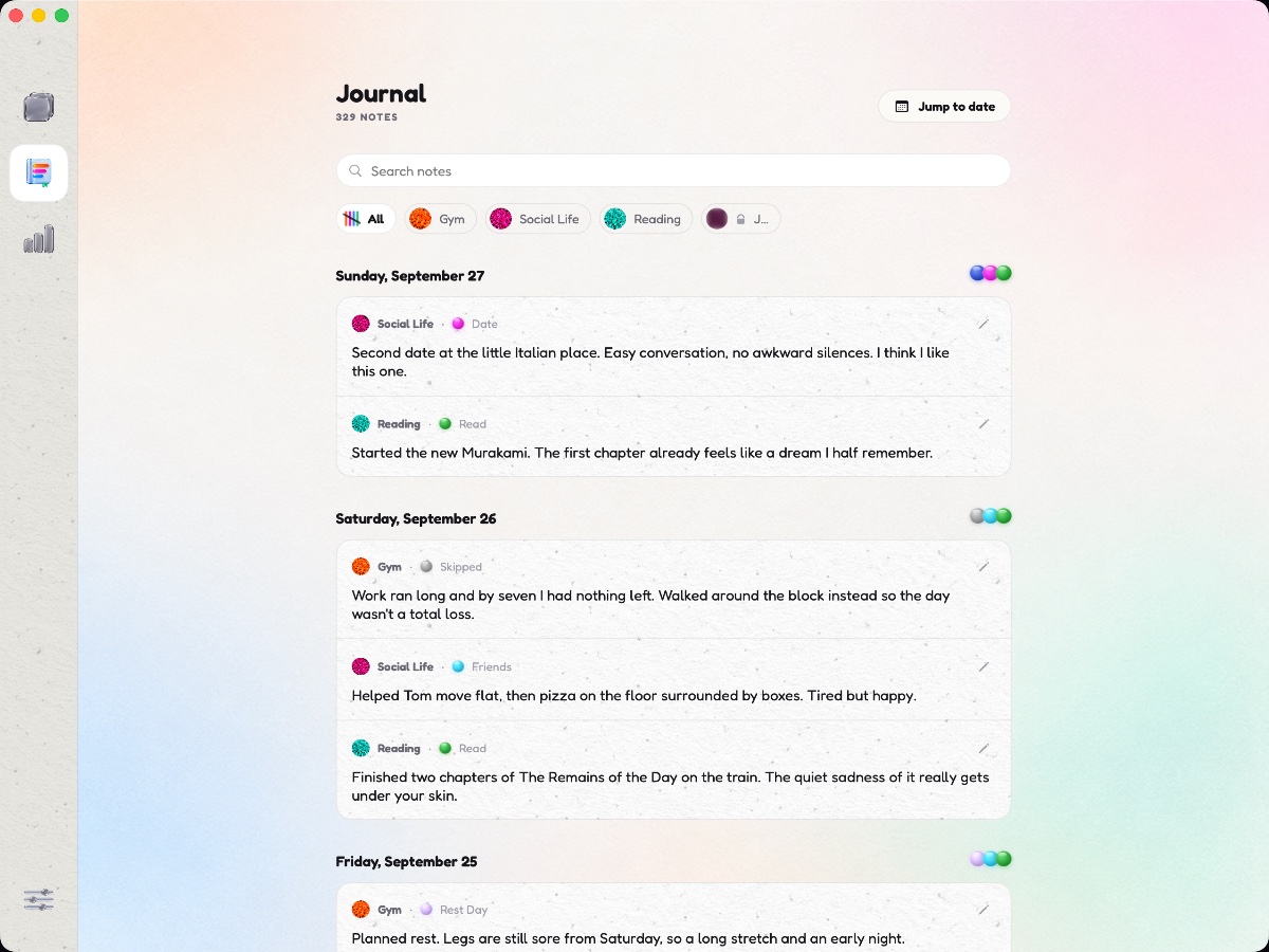 The Days In Color window on a Mac: the Journal, with notes from every canvas grouped by day
