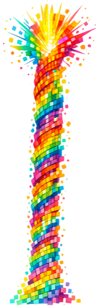 A rising spine of colorful pixels representing momentum building over time
